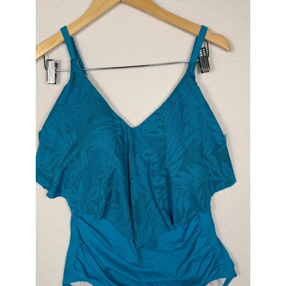 Bal Harbour Swim One‎ Piece Women 14 Teal Blue Ruffle Tropical Palm Leaf NEW